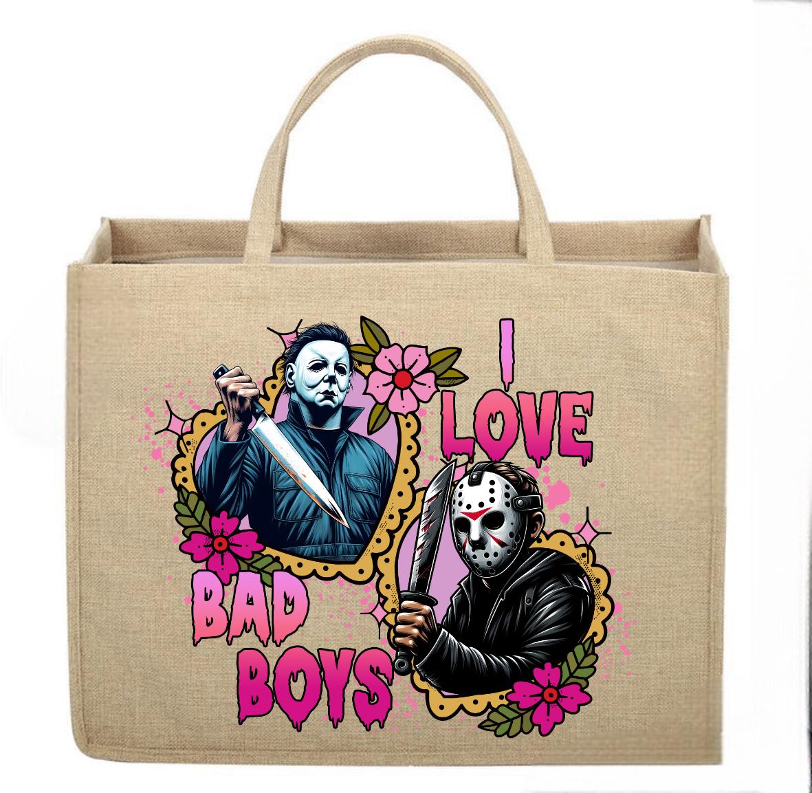 I love Bad Boys Large Burlap Tote Bag