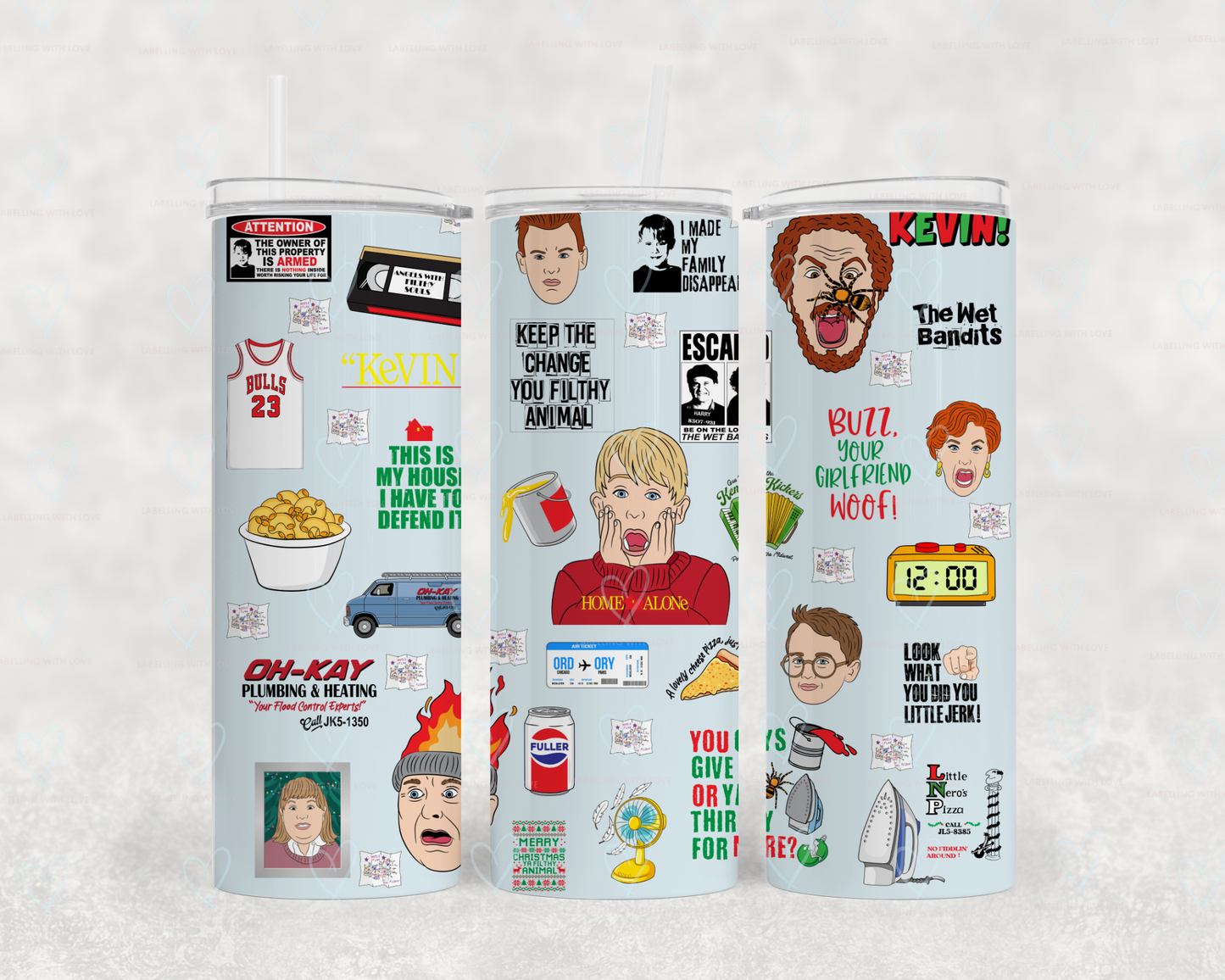 Home Alone tumbler - pale blue background