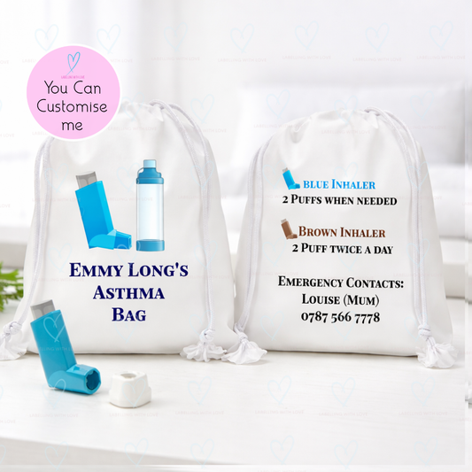 Asthma Inhaler Bag for School | Personalised Asthma Medical Kit | Kids Inhaler & Spacer Pouch | Emergency Asthma Medicine Drawstring Bag