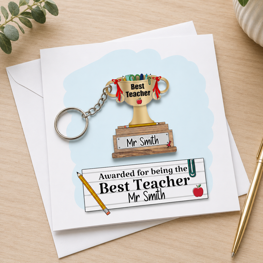 Personalised Best Teacher Card with Trophy Keyring | Thank You Teacher Gift | Custom Teacher Appreciation Card | End of Term Gift UK