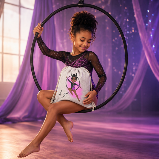 Personalised Aerial Hoop Drawstring Bag | Custom Gymnast Bag | Girls Dance & Circus Bag | Personalised Linen PE Bag | Aerial Hoop Gift for Girls