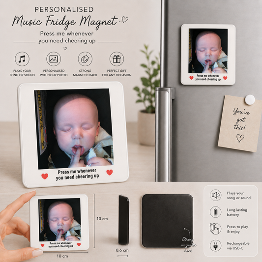 Personalised Music Fridge Magnet | Plays Your Own Song or Voice Message | Custom Photo Magnet with Sound | Unique Wedding Gift | Anniversary Keepsake