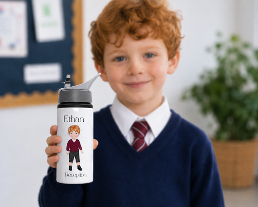 PERSONALISED SCHOOL WATER BOTTLE | Custom Child Water Bottle | School Uniform Character Bottle | Back To School Gift | Named Kids Drink Bottle | Reception Gift