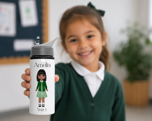 PERSONALISED SCHOOL WATER BOTTLE | Custom Child Water Bottle | School Uniform Character Bottle | Back To School Gift | Named Kids Drink Bottle | Reception Gift