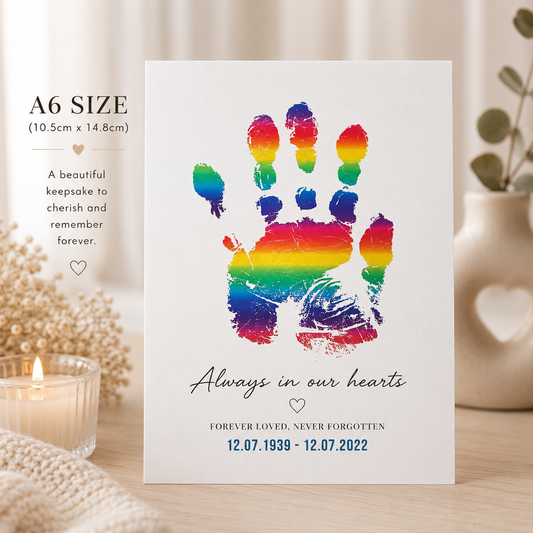Personalised Memorial Handprint Print | Custom Foil Memory Print | Rainbow Handprint Keepsake | Bereavement Gift | In Loving Memory Print | A6 Print