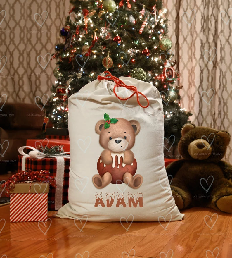 Personalised Christmas Pudding Bear Sack