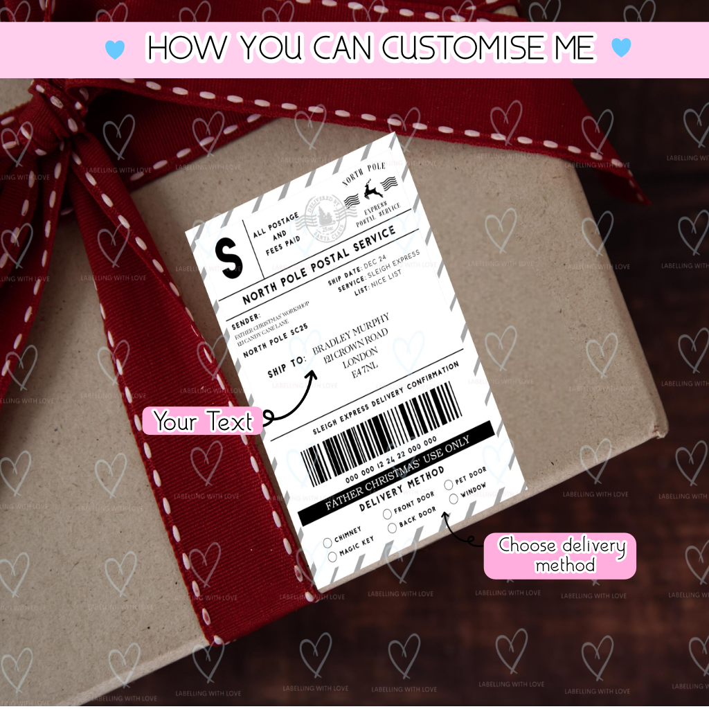 Personalised Santa Parcel Label Sticker, North Pole Shipping Label, Father Christmas Gift Tag, Christmas Eve Box Label,Delivery Sticker