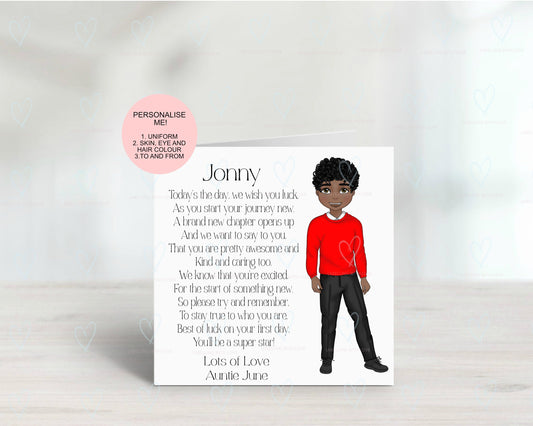 PERSONALISED FIRST DAY OF SCHOOL CARD | Custom School Uniform Card | Good Luck School Card | Personalised Child Character Card | Back To School Gift