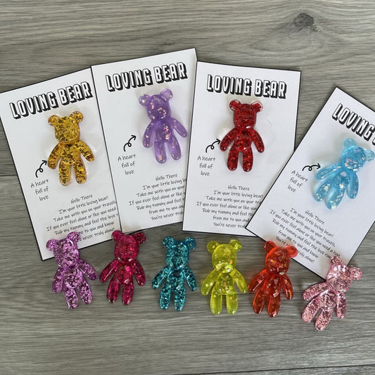 Pocket Hug Loving Bear | Resin Anxiety Comfort Bear | Emotional Support Gift | Glitter Pocket Token | Thinking of You Keepsake
