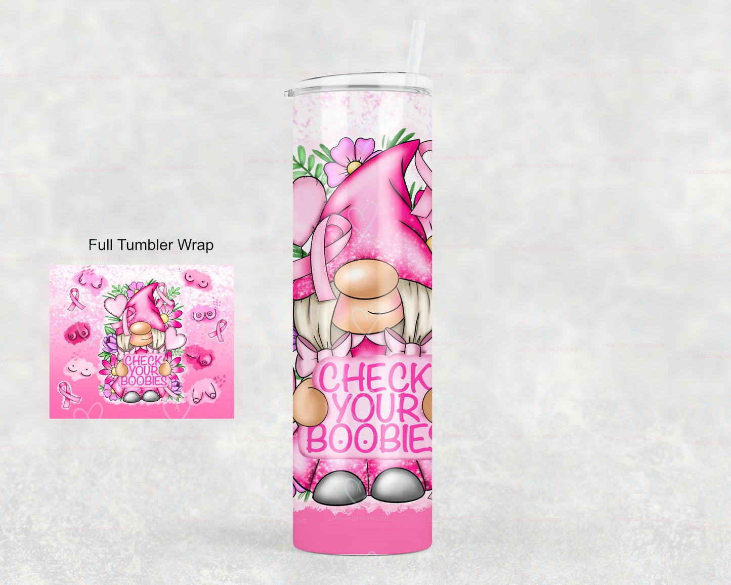 Check Your Boobies Gonk Tumbler | Breast Cancer Awareness Tumbler | Gnome Skinny Tumbler |