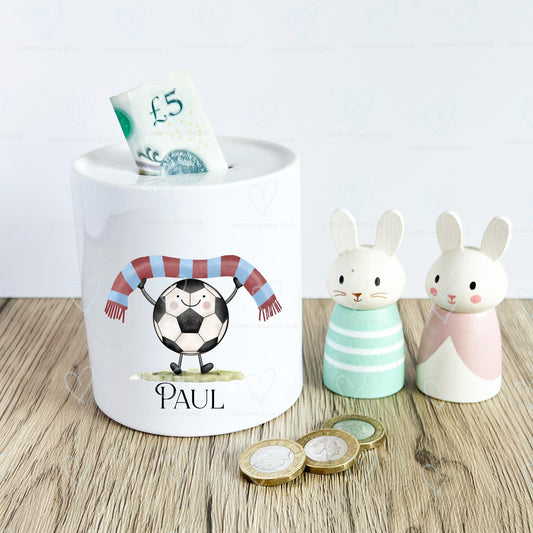 Personalised Football Money Box | Custom Football Fan Savings Pot | Choose Scarf Colour | Kids Football Gift | Football Nursery Decor