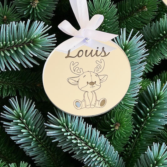 Personalised Reindeer Christmas Bauble, Custom Name Ornament, Baby First Christmas Decoration, Wooden Style Keepsake, Kids Xmas Tree Decor