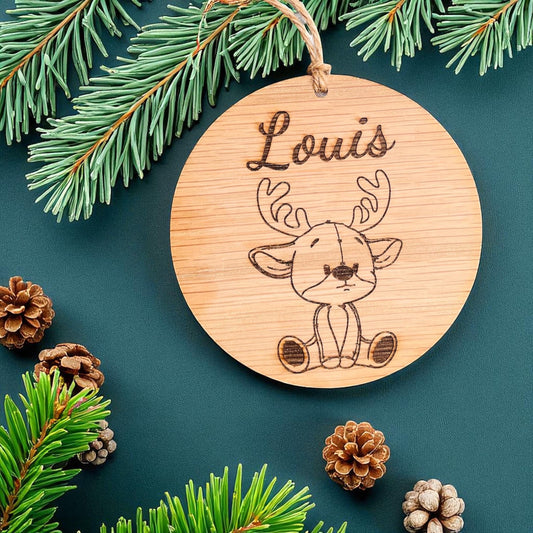 personalised Christmas Decoration | Oak Christmas Tree Decoration with reindeer and name | Oak Christmas Decor