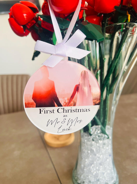 Personalised First Christmas as Mr & Mrs Ornament, Wedding Photo Bauble, Custom Newlywed Christmas Decoration, Keepsake Gift for Couple