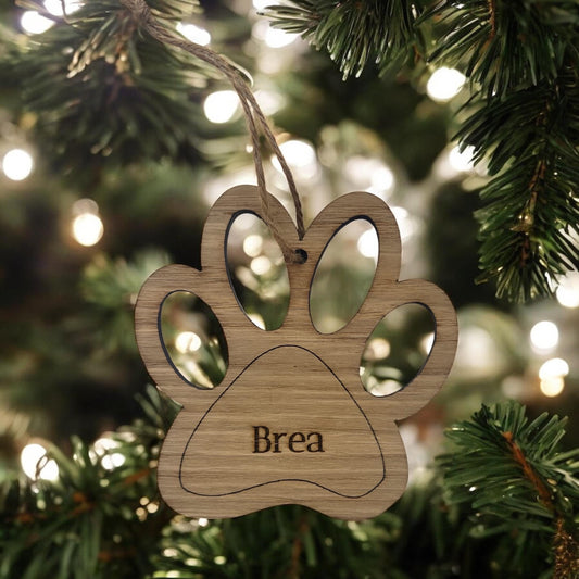 Personalised Oak Paw Print Decoration | Engraved Pet Memorial Ornament | Wooden Dog Paw Keepsake | Custom Pet Name Christmas Decoration | Rustic Pet Gift