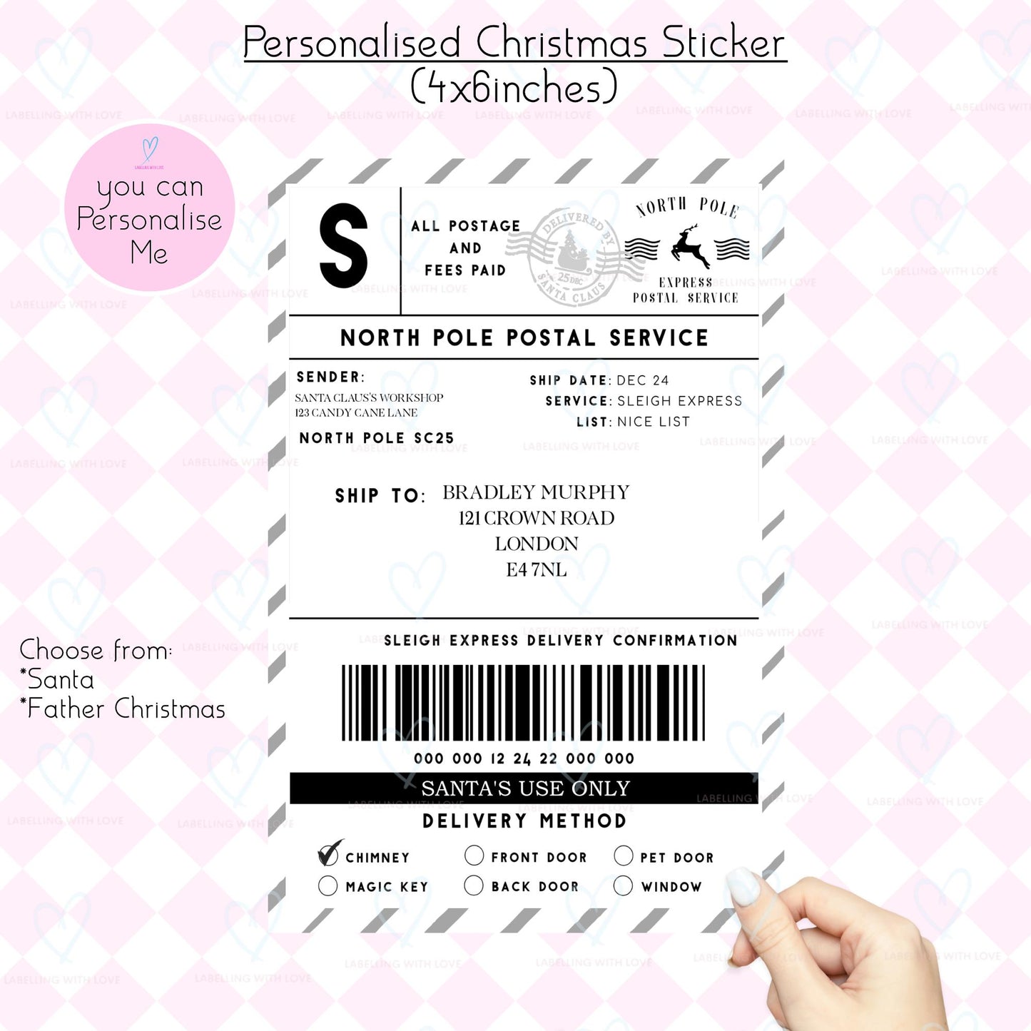 Personalised Santa Parcel Label Sticker, North Pole Shipping Label, Father Christmas Gift Tag, Christmas Eve Box Label,Delivery Sticker
