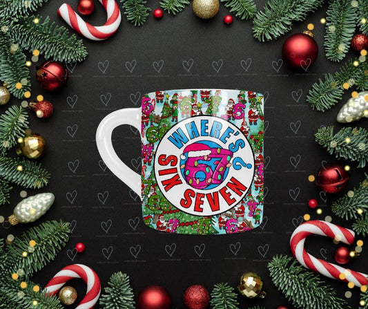 Funny "Where's Six Seven" Christmas Mug • Festive Holiday Puzzle