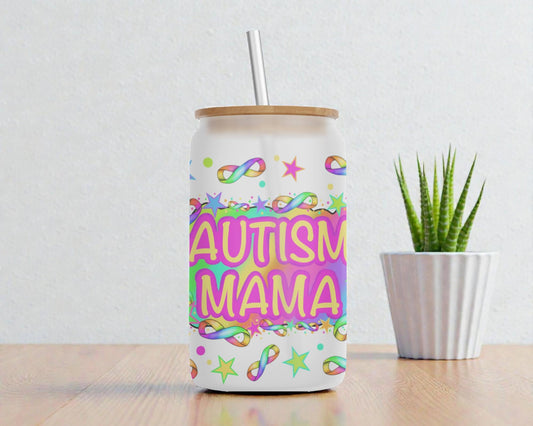 Autism Mama Frosted Glass Can – Colorful Neurodiversity Gift with Bamboo Lid
