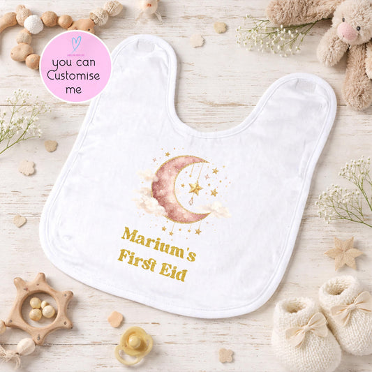 Personalised Baby Bib | Custom First Eid Bib | Islamic Baby Gift | Moon & Stars Baby Feeding Bib | Muslim Baby Keepsake | Eid Baby Present