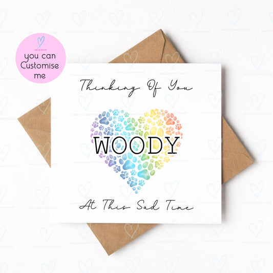 Personalised Pet Loss Card, Custom Dog Memorial Card, Thinking of You Sympathy Card, Paw Print Heart Bereavement Card