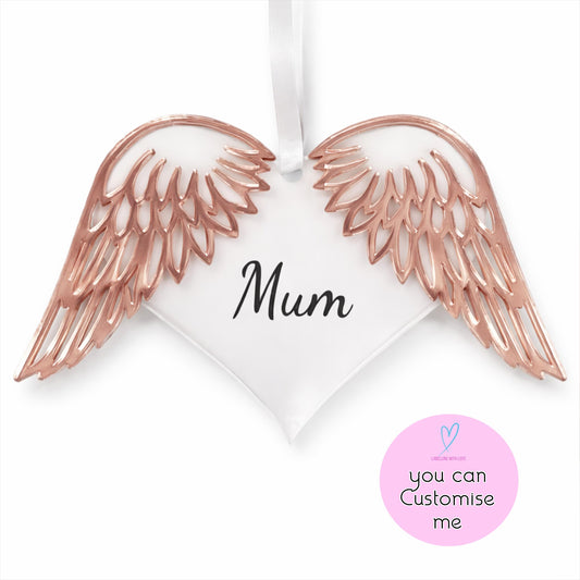 Personalised Angel Wings Heart Ornament, Memorial Decoration, Custom Name Acrylic Heart, Sympathy Gift, Remembrance Hanging Decoration