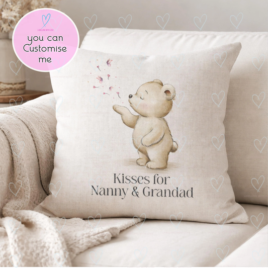 Personalised Bear Linen Cushion | Pink or Blue Kisses, Nursery Decor