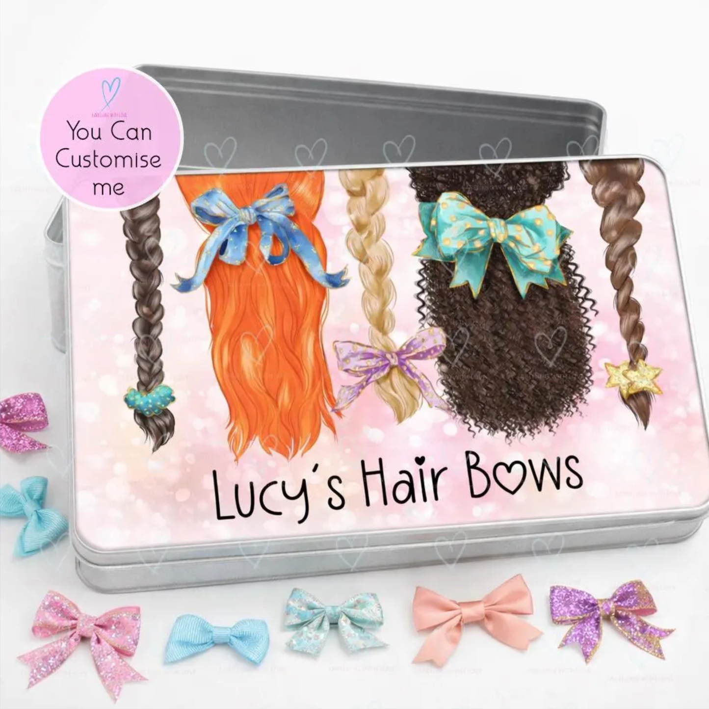 Personalised Hair Bow Storage Tin | Girls Hair Accessory Box | Custom Name Bow Holder | Kids Bow Organiser | Hair Clip Storage Tin Gift