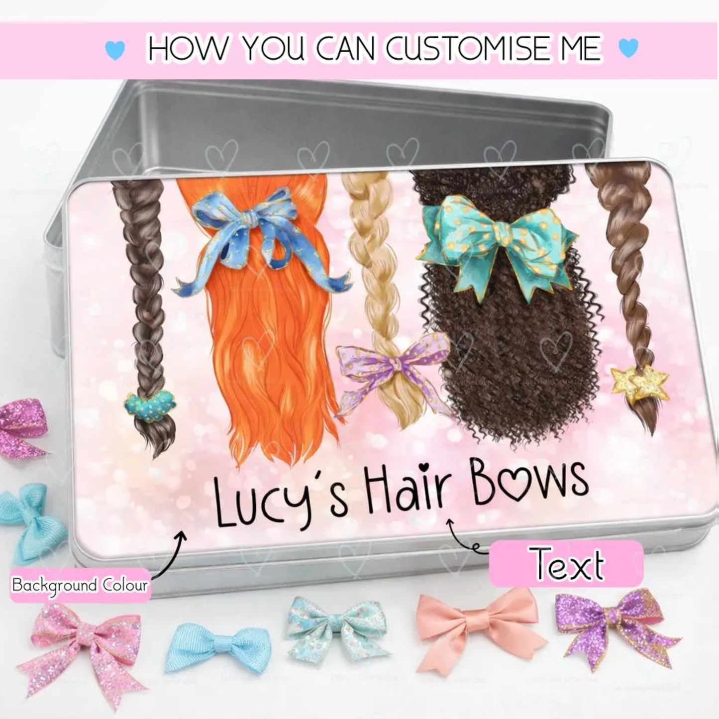 Personalised Hair Bow Storage Tin | Girls Hair Accessory Box | Custom Name Bow Holder | Kids Bow Organiser | Hair Clip Storage Tin Gift
