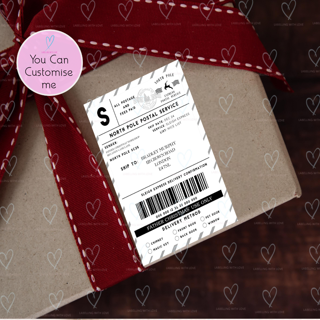 Personalised Santa Parcel Label Sticker, North Pole Shipping Label, Father Christmas Gift Tag, Christmas Eve Box Label,Delivery Sticker