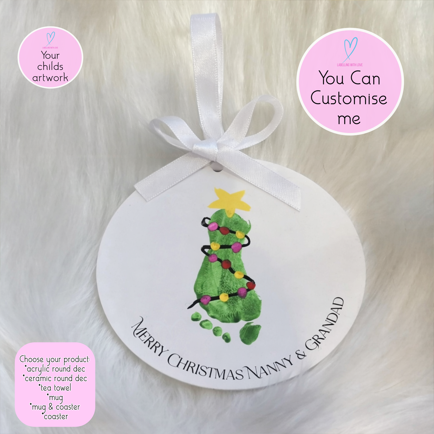 Personalised Childs Artwork Gift | Kids Drawing on Mug,Tea Towel,Ornament | Handprint/Footprint Keepsake | Custom Christmas Gift