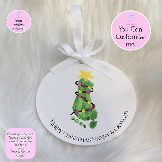 Personalised Childs Artwork Gift | Kids Drawing on Mug,Tea Towel,Ornament | Handprint/Footprint Keepsake | Custom Christmas Gift